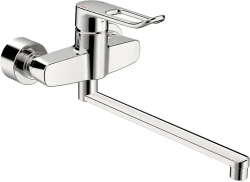 Einhebelmischer mit langem Bedienungshebel in Chrom von HANSA, wandmontiert, mit einer Ausladung für Waschbecken.